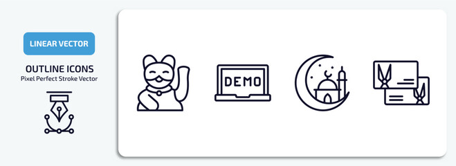other outline icons set. other thin line icons pack included japanese cat, demostration, mosque moon and star, hair cut business card vector.