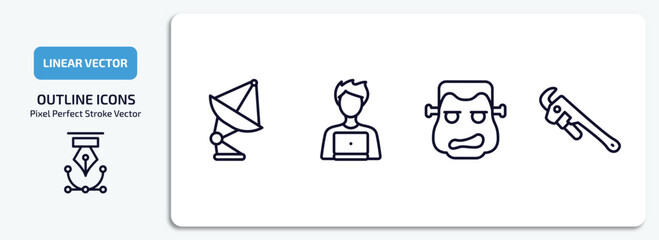 other outline icons set. other thin line icons pack included satelite antenna, it specialist, monster, pipe wrench vector.