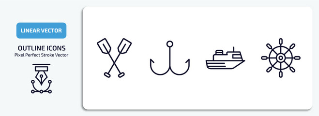 nautical outline icons set. nautical thin line icons pack included oars, fishing hook, ferry facing right, boat steering wheel vector.