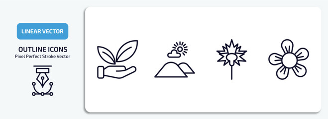 nature outline icons set. nature thin line icons pack included save nature, hills, carnation, jasmine vector.