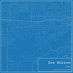 Blueprint US city map of Des Moines, Iowa.