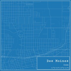 Blueprint US city map of Des Moines, Iowa.