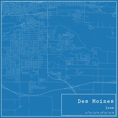 Blueprint US city map of Des Moines, Iowa.