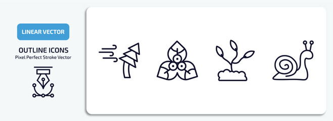 nature outline icons set. nature thin line icons pack included windstorm, bougainvillea, grow plant, snail vector.