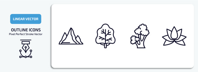 nature outline icons set. nature thin line icons pack included hill, white ash tree, scarlet oak tree, beautiful lotus flower vector.