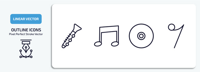 music and media outline icons set. music and media thin line icons pack included oboe, beam, dvd disc, eight note rest vector.