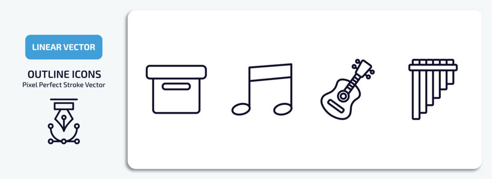 music and media outline icons set. music and media thin line icons pack included image archive, eighth note, acoustic guitar, panpipe vector.