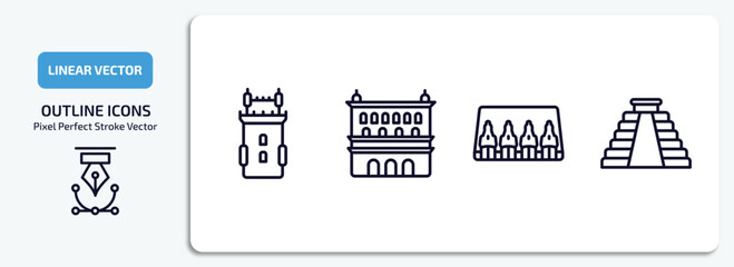 monuments outline icons set. monuments thin line icons pack included belem tower, lonja of zaragoza, abu simbel, maya pyramid vector.