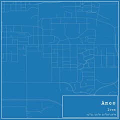Blueprint US city map of Ames, Iowa.