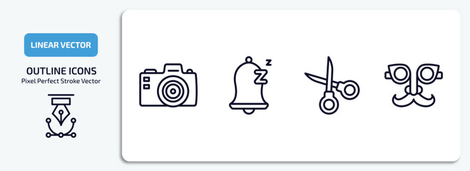 miscellaneous outline icons set. miscellaneous thin line icons pack included camera front, snooze, scissor, fun glasses vector.