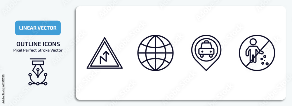 Poster maps and flags outline icons set. maps and flags thin line icons pack included right reverse curve, 