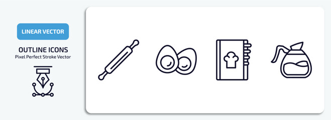 kitchen outline icons set. kitchen thin line icons pack included rolling pin, eggs, recipe book, coffee pot vector.