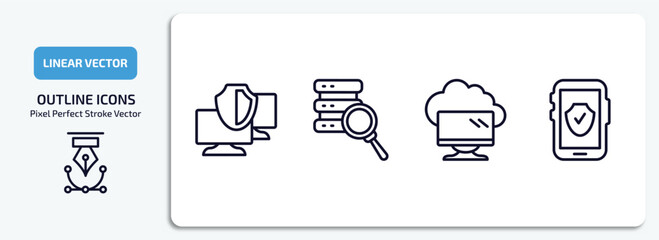 internet security outline icons set. internet security thin line icons pack included monitor security, data search, computing cloud, mobile phone vector.