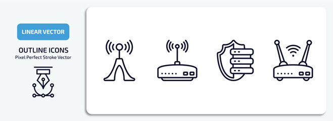 internet security outline icons set. internet security thin line icons pack included wireless connection, router, server security, wireless router vector.