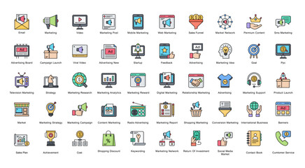 Digital Marketing Line Color Iconset Advertising Ad Banner Filled Outline Icon Bundle