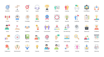 Mentoring Flat Icons Coaching Leadership Icon Set in Color Style 50 Vector Icons