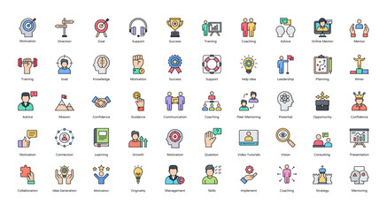 Mentoring Line Color Icons Coaching Leadership Icon Set in Filled Outline Style 50 Vector Icons