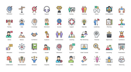 Mentoring Line Color Icons Coaching Leadership Icon Set in Filled Outline Style 50 Vector Icons
