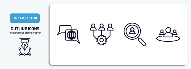 human resources outline icons set. human resources thin line icons pack included language, onboarding, hiring, human resources vector.