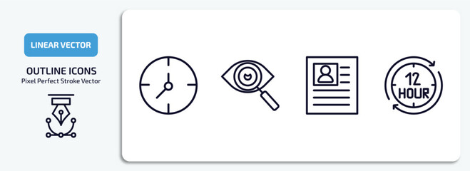 human resources outline icons set. human resources thin line icons pack included timing, appearance, personal profile, 12 hours vector.