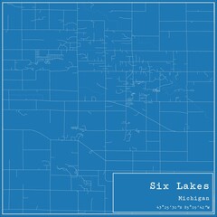 Blueprint US city map of Six Lakes, Michigan.