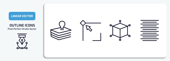 geometric figure outline icons set. geometric figure thin line icons pack included base, edit corner, 3d cube, center alignment vector.