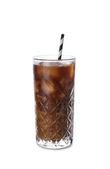Glass of ice coffee with straw on white background