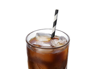 Glass of ice coffee with straw on white background