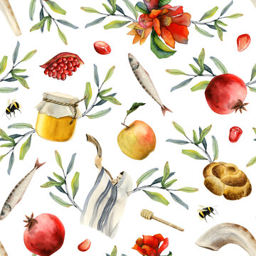 Rosh hashanah watercolor seamless pattern on white background for Jewish new year gift wrapping and greeting designs with pomegranates, honey, apples, blowing shofar, flowers, challah
