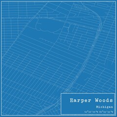 Blueprint US city map of Harper Woods, Michigan.