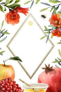 Rosh Hashanah greeting card template watercolor illustration isolated on white background for Jewish New year. Suits for A6 format. Copyspace, pomegranates, honey, apple, star of David and red flowers