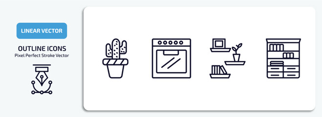 furniture and household outline icons set. furniture and household thin line icons pack included cactus, oven, wall shelves, bookshelf vector.