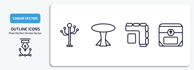 furniture & household outline icons set. furniture & household thin line icons pack included coat stand, table, corner sofa, chest vector.