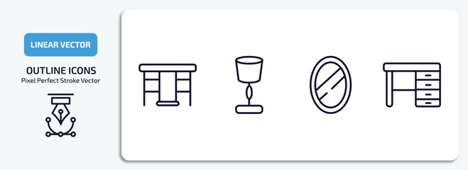furniture & household outline icons set. furniture & household thin line icons pack included gateleg table, lamps, mirror, desk vector.