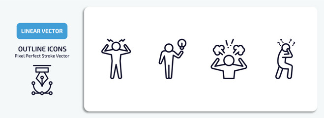 feelings outline icons set. feelings thin line icons pack included aggravated human, inspired human, pissed human, surprised vector.