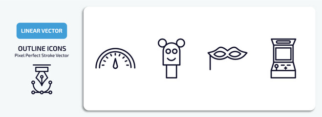 arcade outline icons set. arcade thin line icons pack included speedometer, puppet show, masquerade, arcade vector.