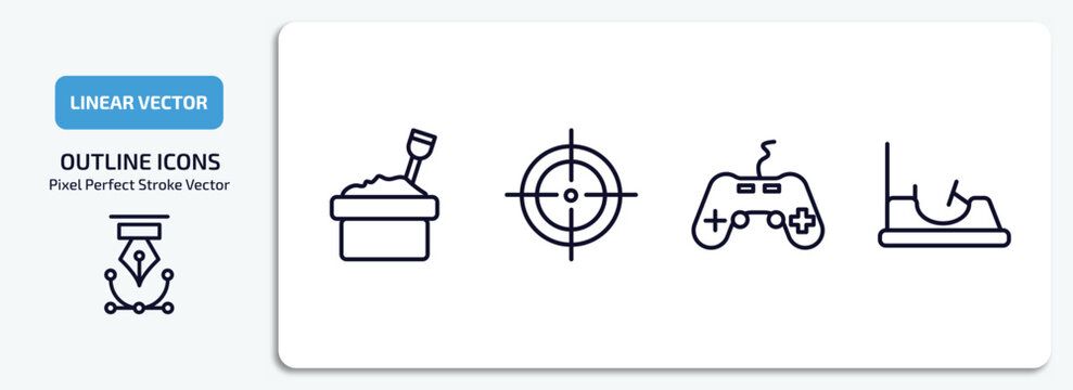 arcade outline icons set. arcade thin line icons pack included sandbox, shooter, gamepad, bumper car vector.