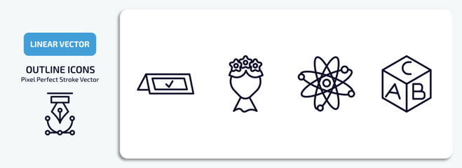 education outline icons set. education thin line icons pack included booked, bouquet, physics, block with letters vector.