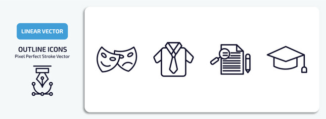 education outline icons set. education thin line icons pack included shakespeare, uniform, thesis, graduate vector.
