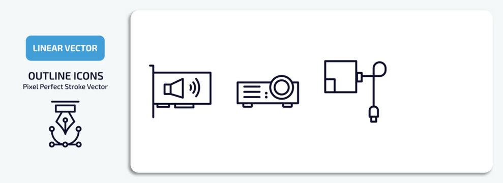 electronic devices outline icons set. electronic devices thin line icons pack included sound card, projector, lisa, magsafe vector.