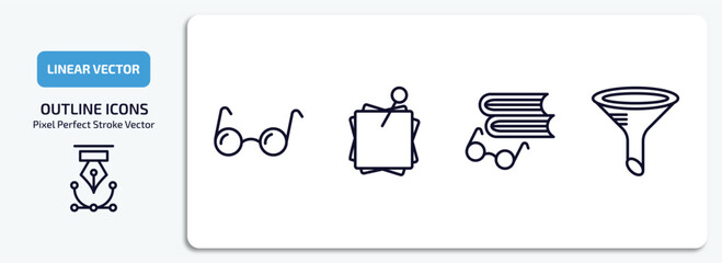 education outline icons set. education thin line icons pack included studying glasses, sticky note, book and glasses, chemistry funnel vector.