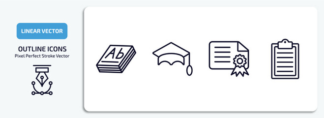 education outline icons set. education thin line icons pack included 3d dictionary, graduation mortarboard, diploma with seal, written clipboard vector.