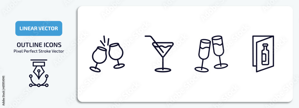 Wall mural drinks outline icons set. drinks thin line icons pack included toast, martini, wine toast, wine list vector.