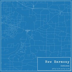 Blueprint US city map of New Harmony, Indiana.