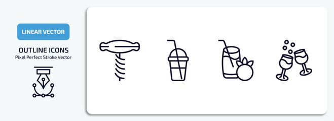 drinks outline icons set. drinks thin line icons pack included sorkscrew, smoothie, tomato juice, glasses with wine vector.