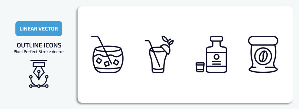 drinks outline icons set. drinks thin line icons pack included caipiroska, bloody mary, herbal liquor, coffee bag vector.