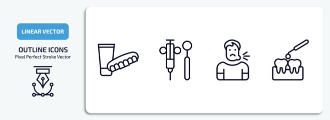 dentist outline icons set. dentist thin line icons pack included dentures, dental hook, sick boy, interproximal vector.