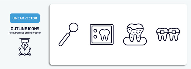 dentist outline icons set. dentist thin line icons pack included dentist mirror, dental x ray, dental plaque, dental brackets vector.