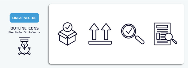 delivery and logistic outline icons set. delivery and logistic thin line icons pack included package checking, side up, inspection, waybill vector.