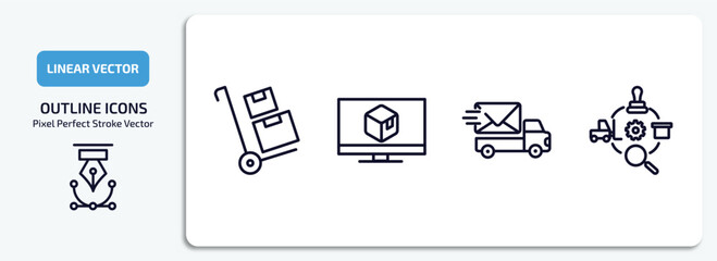 delivery and logistic outline icons set. delivery and logistic thin line icons pack included package on trolley, delivery monitor, express mail, logistics vector.